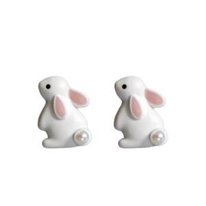 Cute Bunny Stud Earrings – White & Pink Rabbit with Pearl Tail – 0.55"